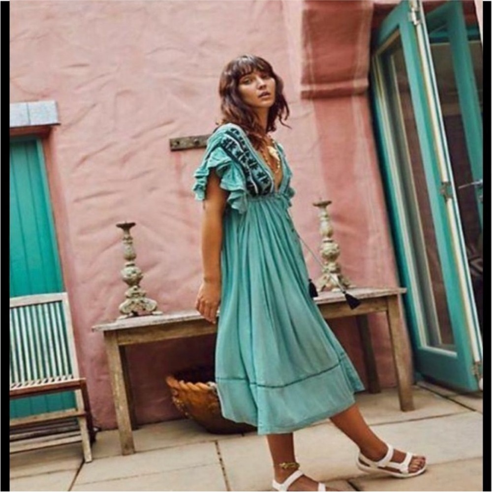 Free People Sage Green Embroidered V-Neck Maxi Dress - Picture 2 of 15